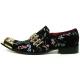 Fiesso Black Genuine Suede Floral Design Metal Tip Ornamented Slip On Shoes FI7394.